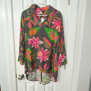 Boho Chic XL Tunic Top – Bold Floral Polka Dot Print, 3/4 Sleeve, Rayon